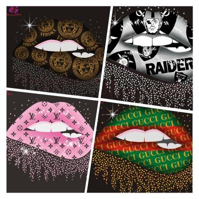 China Beautiful Top Selling Flatback Lips Iron On Rhinestone Transfer Pattern Stones Lips Drip Heat Transfer For Shirts for sale