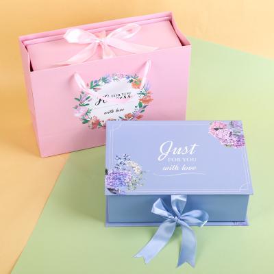 China Recyclable Custom Design Fancy Luxury Rectangular Ribbon Bow Flap Cover Thick Rigid Cardboard Wedding Gift Packaging Box For Girls Present for sale