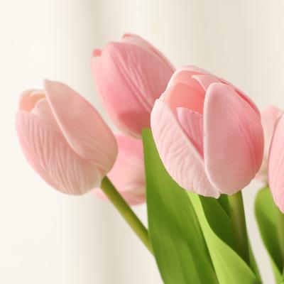 China Mini Flowers Pu Tulips Flower Touch Single Leaf Real PU Artificial Silk Rose Wooden Preserved Tulip for sale