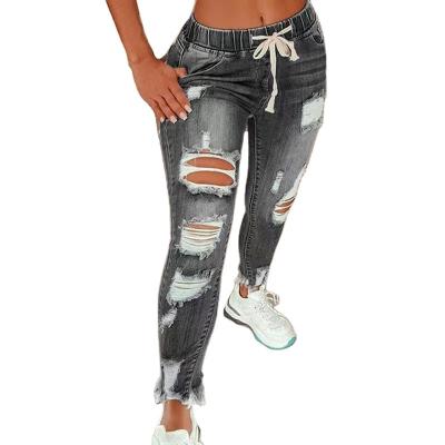 China Custom Logo Ladies Elasticity Breathable Pants Plus Size Women Jeans Fashion Hip Hop Broken Holes Denim Pencil Pants for sale