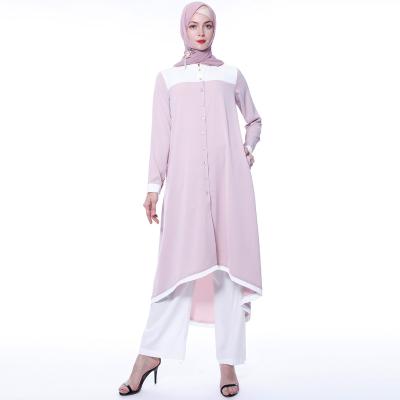 China Wholesale High Quality Polyester Fabric Solid Pants Two Piece Suit Set Plus Size Long Sleeve Belted Dubai Ramadan Muslim Women Pant Blouse Set for sale