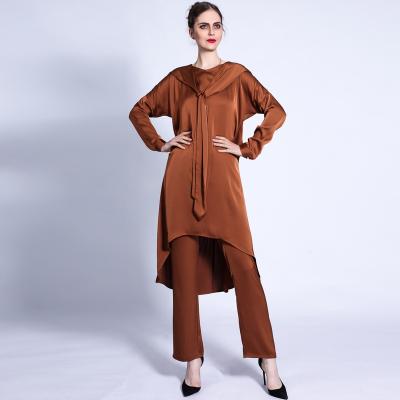 China Turkish Two Piece Blouse+Pants High Quality Polyester Fabric Solid Color With Hat And Pockets Side Stain Abaya Simple Muslim Dubai Monsoon Best Selling for sale