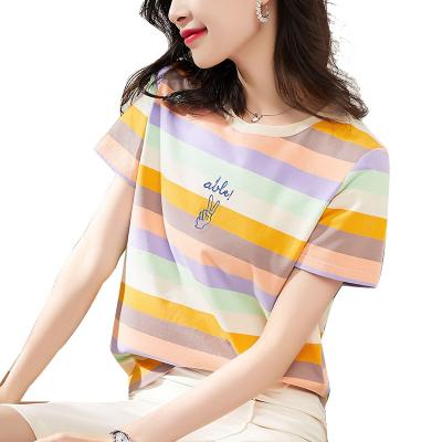 China 2021 QUICK DRY short sleeve new rainbow women's T-shirt short sleeve embroidery striped T-shirt for sale