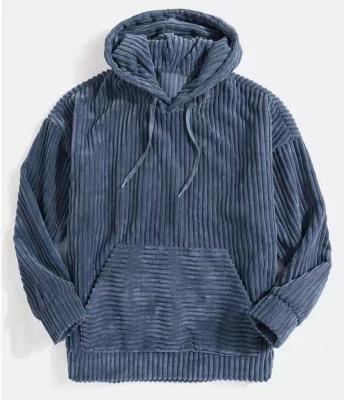 China Custom Made Anti-wrinkle solid color autumn unisex men's brown corduroy stripe hoodie pullover hoodie with drawstring for sale