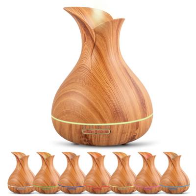 China Household 400ML Double Leaf Vase Dark Wood Grain Essential Oil Diffusor Aroma Air Humidifier Aromatherapy Scent Diffuser for sale