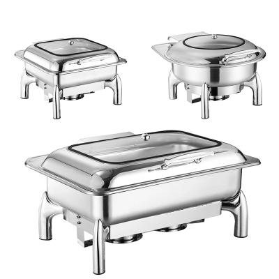 China Restaurant Serving Chafing Dish Stainless Steel Transparent Cover Electric Buffet Stove Rectangular Solid Heat Preservation Hot Pot Alcohol Heater for sale