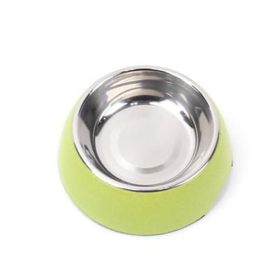 China Large fiber pet plastic bamboo bowl bamboo steel pet +stainless fiber feeding bowl with stainless steel for sale