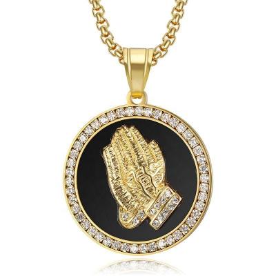 China New Hip Hop Jewelry Titanium Steel Gold Plated Micro Zircon Prayer Buddha Hand Inlaid Pendant Necklace for sale