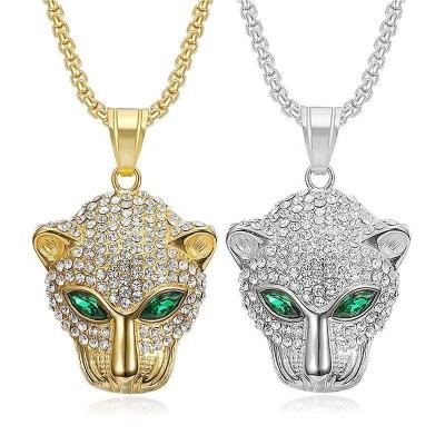 China New Hiphop Hiphop Stainless Steel Inlaid Green Diamond Eyes Leopard Head Pendant Tide Brand Jewelry Men's and Women's Necklace for sale