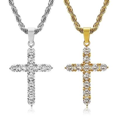 China New Religious Hip Hop Stainless Steel Gold Plated Unisex Zircon Jewelry Cross Pendant Necklace for sale