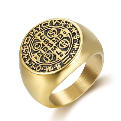 China Other Retro Catholic Men's Ring Saint Benedict Gold Stainless Steel Exorcism Medal Size 7-15 for sale