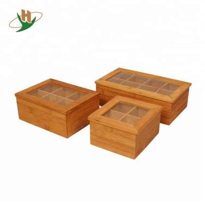 China Natural Freshness Preservation Living Equally Divided Wood Storage Trolley Bamboo Tea Box Tea Storage Canister With Clear Lid for sale