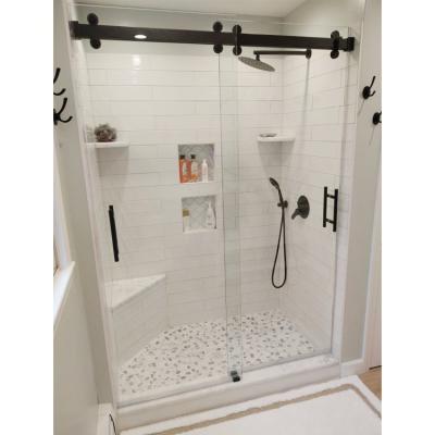 China WANJIA modern frameless twin glass shower door rollers 12mm small sliding glass door for sale