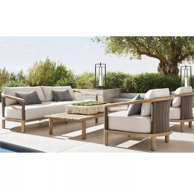 China Modern Handcrafted of Solid Teak and All Weather Wicker Outdoor Sofa Set Teak Patio Furniture for sale