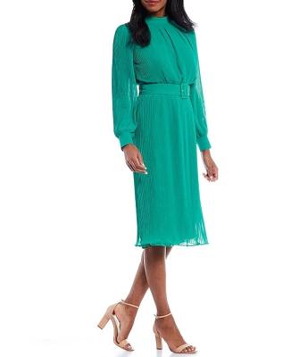 China Hot Selling Anti-Static Fake Neck Pleated Georgette Casual Dress Long Sleeve A Line Midi Dress for sale