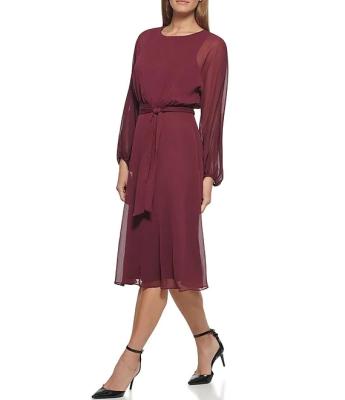 China 2021 New Arrival Hot Casual Dress Anti-static Chiffon Long Sleeve Jewel Neck Midi Dress With Belted for sale