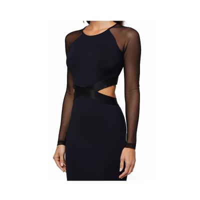 China Elegant Women Mesh Cut Out Bodycon Mid Office Anti-Static Black Dress for sale