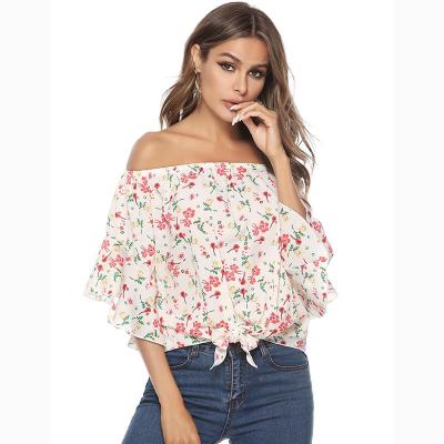 China 2020 Fashion Trending Women's Anti-pilling Tops Off The Shoulder Flare Sleeve Floral Blouse for sale