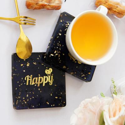 China Simple Luxury Black Square Resin Coaster European New Arrivals Golden Cup Holder Cup Mat for sale