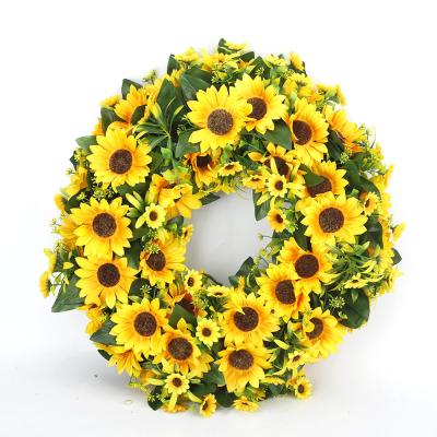 China 50cm Spring Flower Green Natural Touch Artificial Sunflower Wreath Summer Autumn Garlands Large Leaves For Indoor Wall Or Window Decor for sale