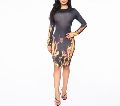 China New Autumn Breathable Women's Dress Flame Print Party Dresses Sexy Long Sleeve Dress for sale