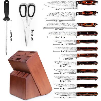 China 15-Piece Block Disposable Knife Set With Wooden Block Premium High Carbon Kitchen Knife Sets Stainless Steel Chef With Sharpener Knives Set for sale