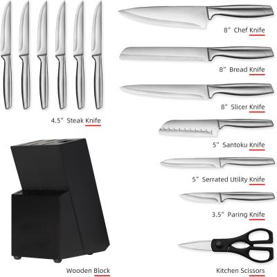 China OEM 14 PCS Disposable Stainless Steel Knife Set Hollow 430 Handle Kitchen Knife Set With Knife Block for sale