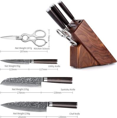 China Disposable 5Pcs Block Set Damascus Steel Knife Set Utility Chef Knife Kitchen Shears High Carbon Walnut Wood Knife Block Set for sale