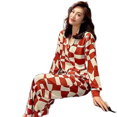 China OEM Pajamas Homewear Checkerboard Pattern Custom Long Sleeve Satin QUICK DRY Silk Printing High Quality Clothing for sale