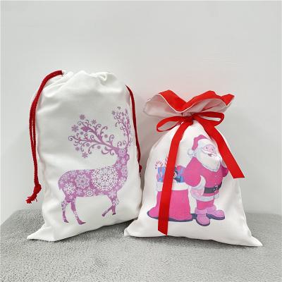 China 100% Polyester Canvas Christmas Gift Bag with Red Drawstring for Sublimation Ink Transfer Heat Press Printing Crafts for sale