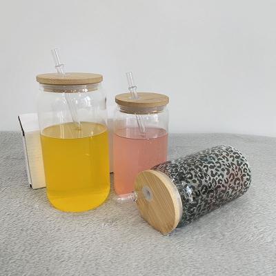 China 12oz 16oz DIY Sublimation Glass Soda Stored Empty Recyclable Beer Can With Clear Straw For Hot Printing for sale