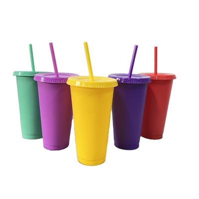 China Sustainable Drinking Solid Color 16oz 24oz Summer 5 Matte Reusable Set Iced Frosted Plastic Cups With Cover And Straw for sale