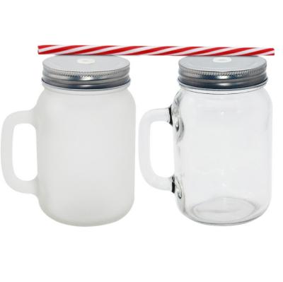 China Sublimation Printing Heat Transfer Mugs 14oz 15oz Viable Borosilicate Glass Frosted Clear Mason Jar With Handle Lids for sale