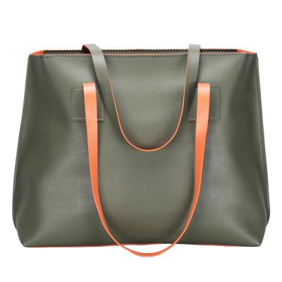 China High Quality PU Leather Bag Large Tote Bag Green Large Handbags for Women Roomy Inside in Two Tone Design for sale