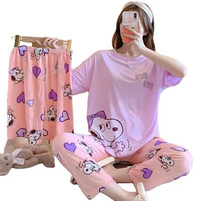 China Three Piece Sets Women Pajamas Summer Shorts Sleeve Pants QUICK DRY Cute Loose Cartoon Home Clothes Large for sale