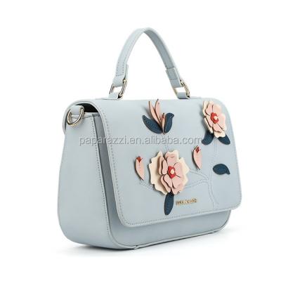 China Fashion ZERO TAX FREE Tariffs Myanmar Own Factory No.6988 Vibrant Flowers Appliques Long Strap PU Women Handbag 2020 for sale