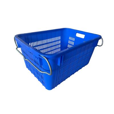 China Ventilated Vegetable Plastic Mesh Crate With Metal Handle Super Market Fruit Grid Container For Sale for sale