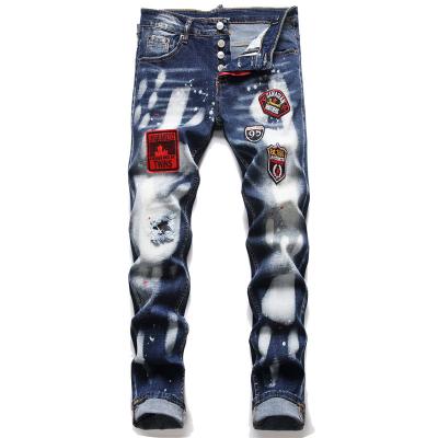 China Breathable High Street Fashion Plus Size Mens Jeans Patch Water Wash Ripped Locomotive Jeans Pantalones Custom Jeans for sale