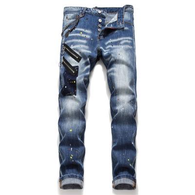 China Factory Custom Mens Jeans Breathable Patches Zipper Jeans Mens Fashion High Street Motorcycle Mens Jeans Pants for sale