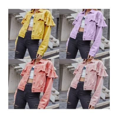 China Breathable Women Long Sleeves Wave Front Leisure Distressed Jean Cropped Denim Jacket Top 4 Colors Ruffle for sale