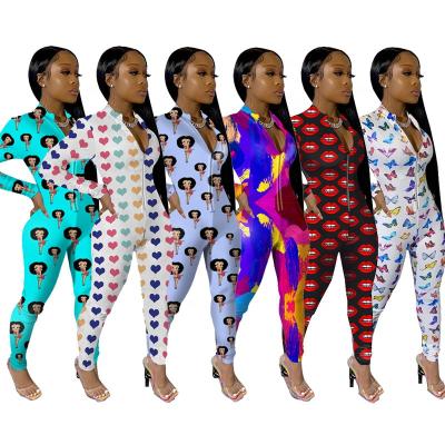 China New Fashion Sustainable Design Long Sleeve Butterfly Printed One Piece Women Jumpsuit With Zipper Front for sale