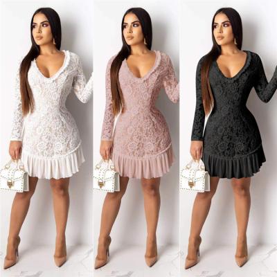 China Hot Selling Anti-wrinkle Fashion Elegant V-neck Long Sleeve Lace Chiffon Backless Dress for sale