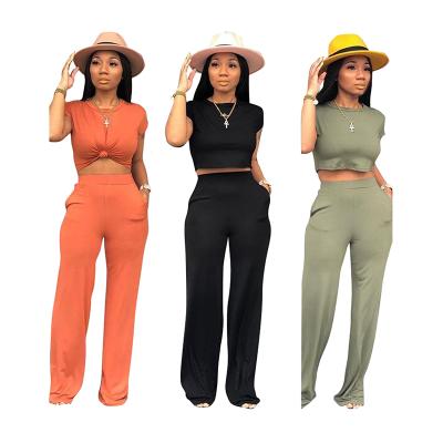 China Women Anti-Static 2 Piece Outfits Round Neck Short Sleeve Crop Top And Wide Leg Long Pants Set With Pocket for sale