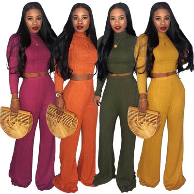 China Wholesale Fashion Anti Shrink Rib Knit Crop Top With Wide Leg Pants Two Piece Set Women Clothing for sale