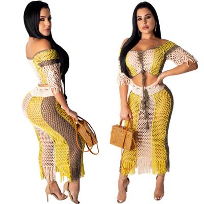 China New Design Fashion Crochet Breathable Ladies Crop Top And Skirt Women Clothing 2 Piece Set for sale