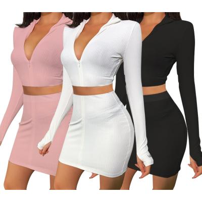 China Anti-Static Lucky Label Clothing Long Sleeve Crop Top Drop Two Piece Skirt Set For Women for sale