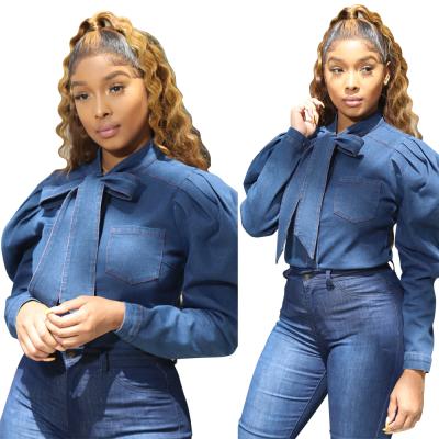 China Anti-Shrink Women Shape Puff Sleeve Denim Bowknot Bandage Long Sleeve Top Jeans Shape Cute Shirt Autumn Fall Cute Office Blouse RS00104 for sale