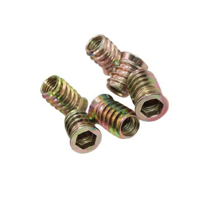 China Countersunk Head Through Teeth Internal And External Furniture Nut M6/M8 Connecting Fasteners Inside And Outside Thread Iron Nut With Yellow Galvanized for sale