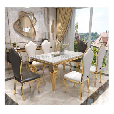 China Unveiled Marble Dining Table 2021 Marble Top Set Gold Legs Single Dining Table Set 6 Seater for sale