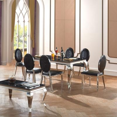 China Foshan Factory Unveiled Top Selling Base Silver Rectangle Stainless Steel Chrome Marble Top Dining Table For Dining Set for sale